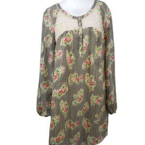 FREE People Mini Dress Floral Long Sleeve Lace Inserts